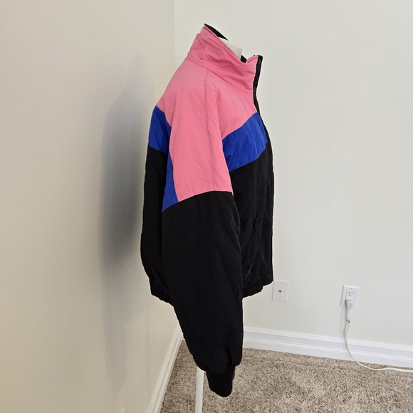 American Eagle Retro Colorblock Striped Puffer Coat Size Large Pink Blue Black - Picture 3 of 8